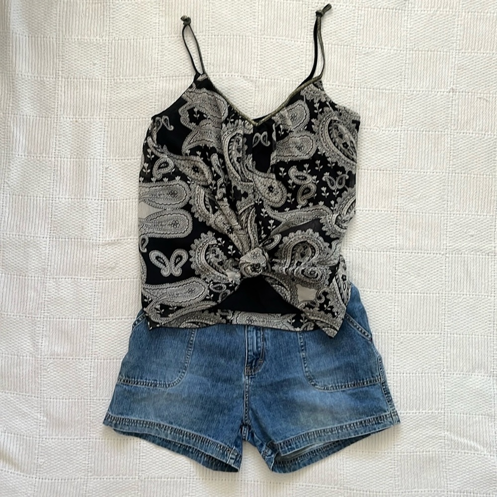 Chase Black Tan Gold Sparkle Bohemian Paisley Floral Sheer Tank Top, Size Small